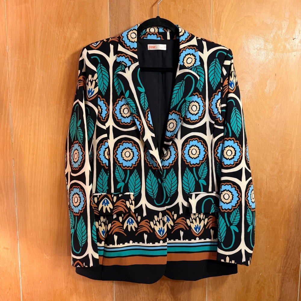 Intempo Folk Art Floral Blazer Marimekko Style Blue Teal Botanical Print Small